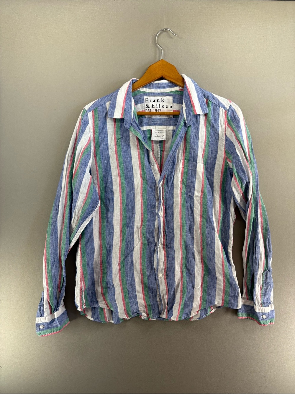 Frank & Eileen Barry Shirt Womens L 100% Linen Italian Fabric Striped